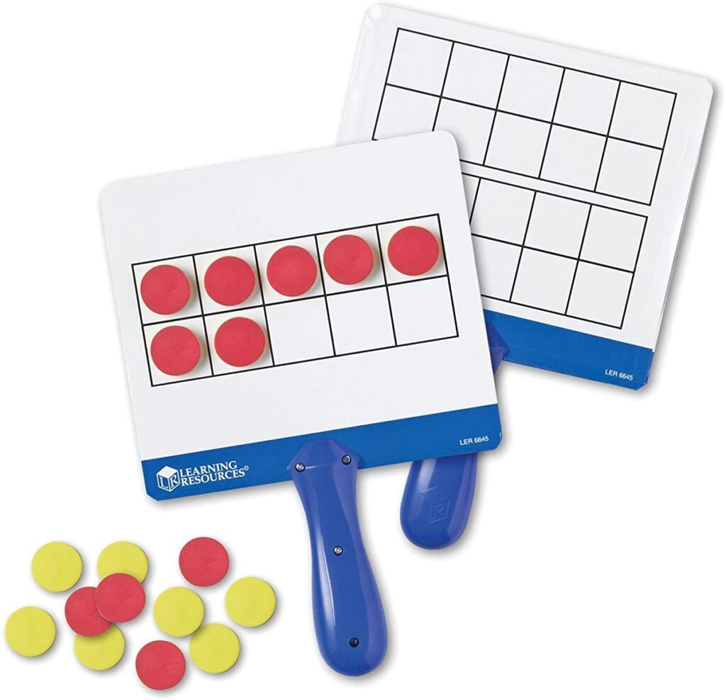 Magnetic ten-frame answer boards for counting.
