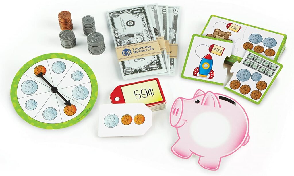 Money activity set with coins and bills